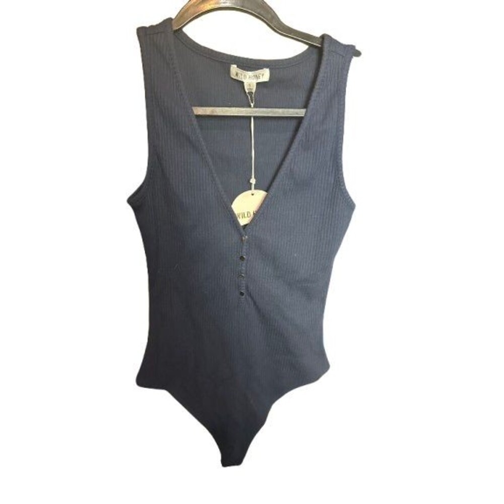 Wild Honey Navy Ribbed V Neck Sleeveless Bodysuit Cotton NWT S